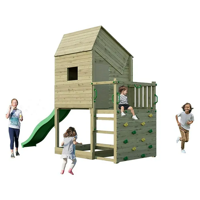 Funky Combo Kinderspielturm Smarthouse - L x B x H: 140 x 385 x 311 cm, Kesseldruckimprägniert - Hölzerner Spielturm mit Rutsche und Kletterwand, auf dem Kinder spielen.