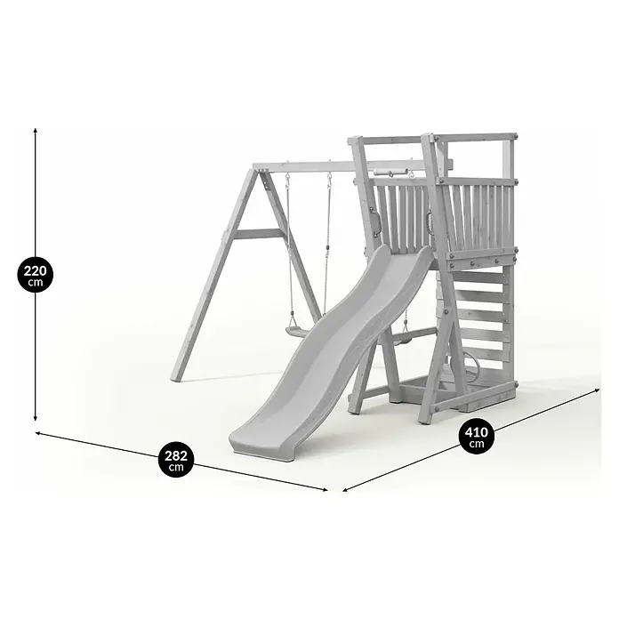 Funky Combo Kinderspielturm Snow - L x B x H: 410 x 282 x 220 cm, Kesseldruckimprägniert - Hellgraues Holzspielplatz mit Rutsche und Schaukel, Maße 220x282x410 cm.