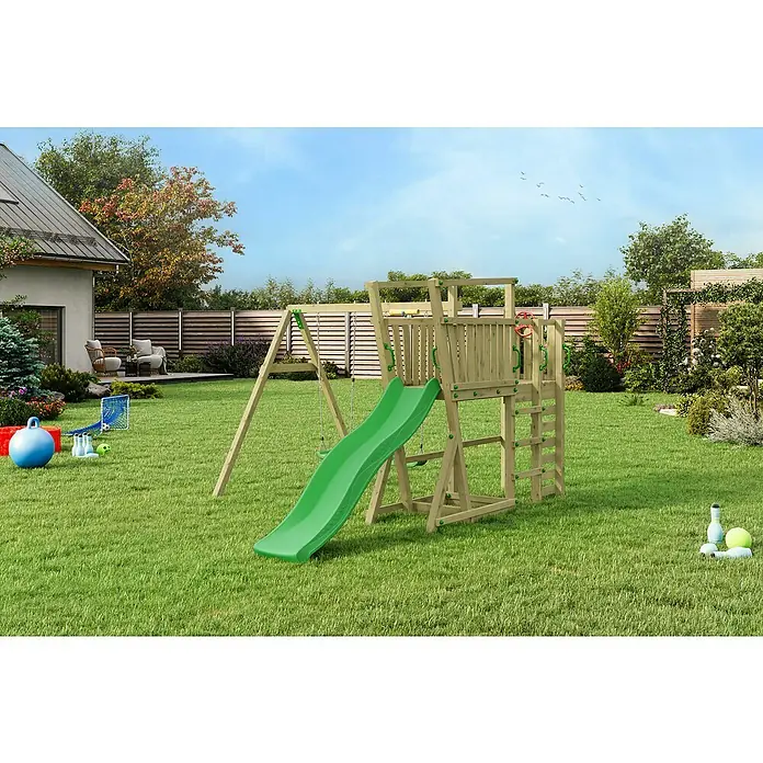 Funky Combo Kinderspielturm Gordon - Kesseldruckimprägniert - Eine Spielplatz-Kombination mit Rutsche, Schaukel und Klettergerüst im Garten. Ideal für Kinder zum Spielen und Spaß haben im Freien.