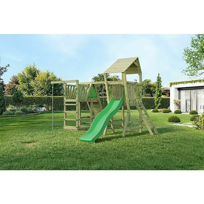 Funky Combo Kinderspielturm Flea Monster - L x B x H: 410 x 433 x 276,5 cm, Kesseldruckimprägniert - Ein hölzernes Klettergerüst mit Rutsche und Schaukel steht auf einer grünen Wiese. Der Spielplatz bietet vielfältige Spielmöglichkeiten im Garten.