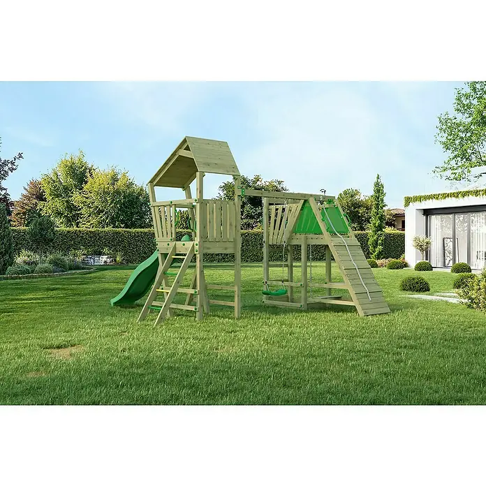 Funky Combo Kinderspielturm Flea Monster - L x B x H: 410 x 433 x 276,5 cm, Kesseldruckimprägniert - Kinderspielplatz mit Rutsche, Schaukel und Klettergerüst im Garten.