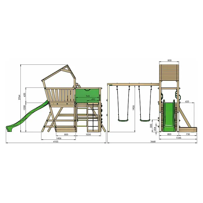 Funky Combo Kinderspielturm Camel - Kesseldruckimprägniert - Detaillierte technische Zeichnung eines großen Holzspielplatzes mit zwei Rutschen, zwei Schaukeln und Kletterelementen.