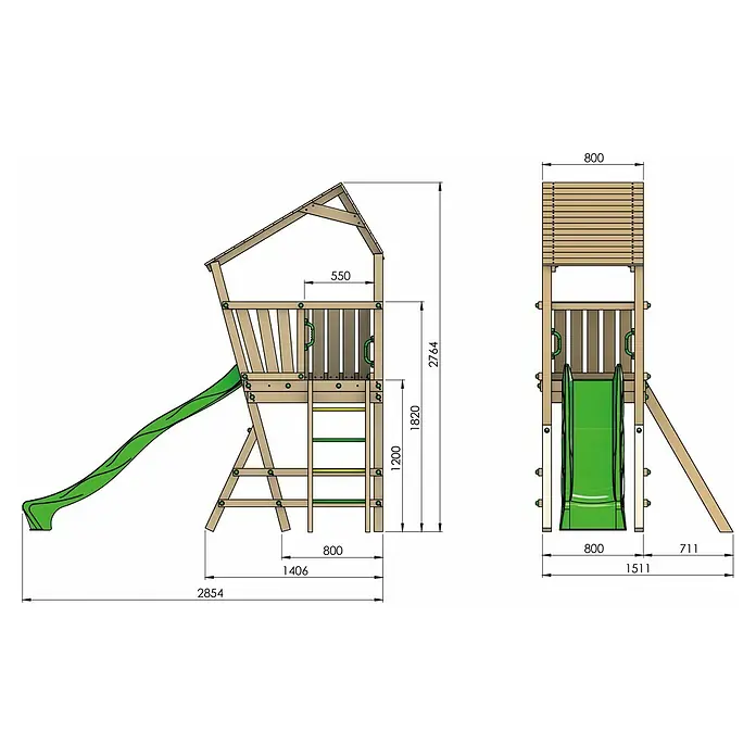 Funky Combo Kinderspielturm Flea - L x B x H: 285 x 151 x 276,5 cm, Kesseldruckimprägniert - Technische Zeichnung eines Holzspielplatzes mit grüner Rutsche, Vorder- und Seitenansicht mit Maßen.