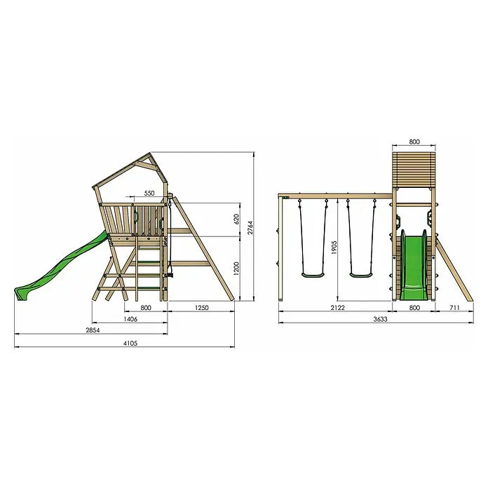 Funky Combo Kinderspielturm Monkey - L x B x H: 410 x 363 x 276,5 cm, Kesseldruckimprägniert - Spielturm aus Holz mit zwei grünen Rutschen und einer Doppelschaukel.