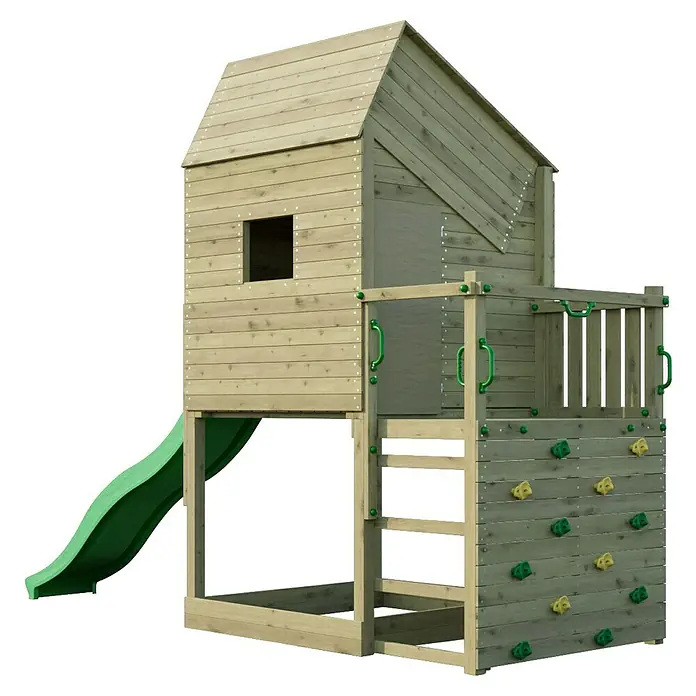 Funky Combo Kinderspielturm Smarthouse - L x B x H: 140 x 385 x 311 cm, Kesseldruckimprägniert - Hölzernes Spielhaus mit grüner Rutsche, Kletterwand und Plattform, für Kinderspiele.