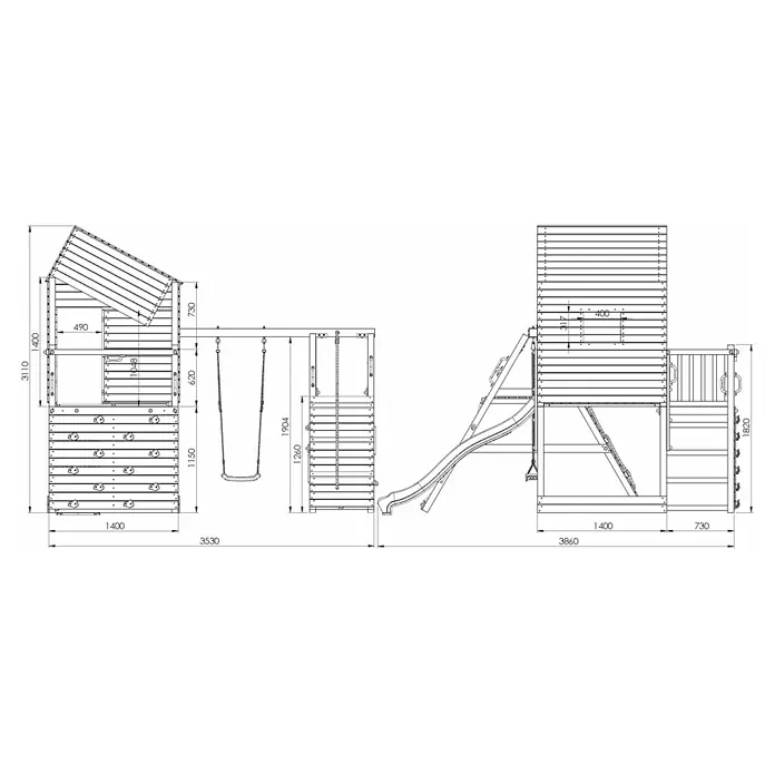 Funky Combo Kinderspielturm Smarthouse Rocket - L x B x H: 353 x 386 x 311 cm, Kesseldruckimprägniert - Spielplatzanlage mit zwei Schaukeln, einer Rutsche und Kletterelementen, dargestellt in einer technischen Zeichnung.