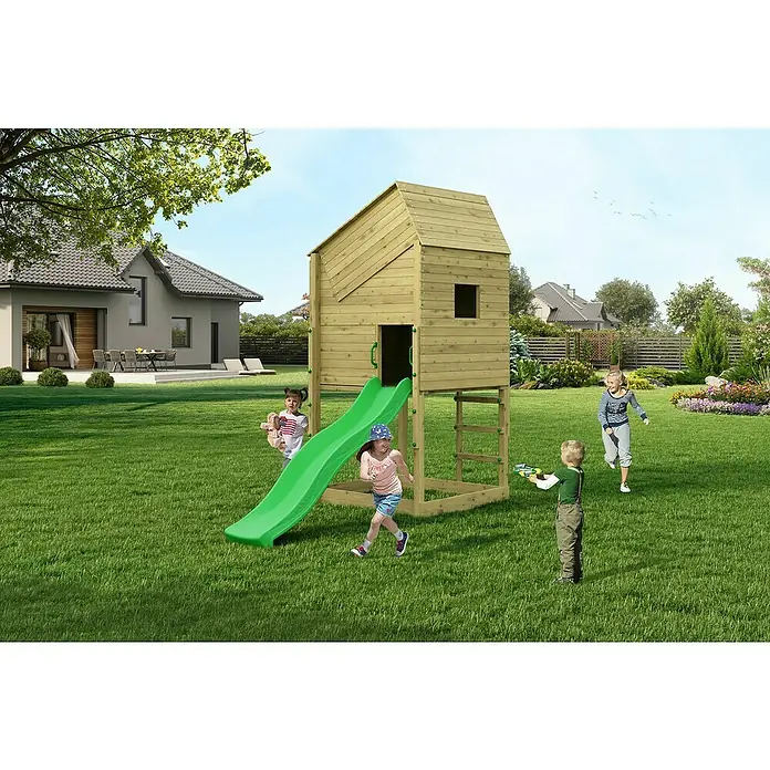 Funky Combo Kinderspielturm Lighthouse - L x B x H: 140 x 313 x 311 cm, Kesseldruckimprägniert - Kinderspielhaus mit Rutsche im Garten, umgeben von spielenden Kindern. Das Holzhaus bietet Kletterwand und Leiter für Abenteuer.