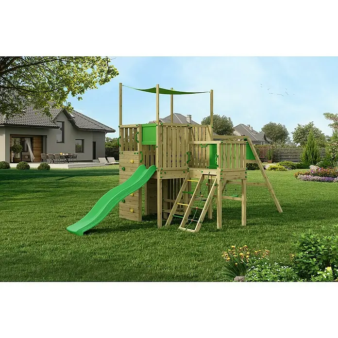 Funky Combo Kinderspielturm Challenge - Kesseldruckimprägniert - Abenteuerlicher Spielplatz mit Rutsche, Kletterwand und Aussichtsturm für stundenlangen Spaß im Garten.