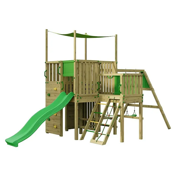 Funky Combo Kinderspielturm Challenge - Kesseldruckimprägniert - Hölzerner Spielturm für draußen mit grüner Rutsche, Kletterwand, Leitern und Schaukel, mit Sonnendach.