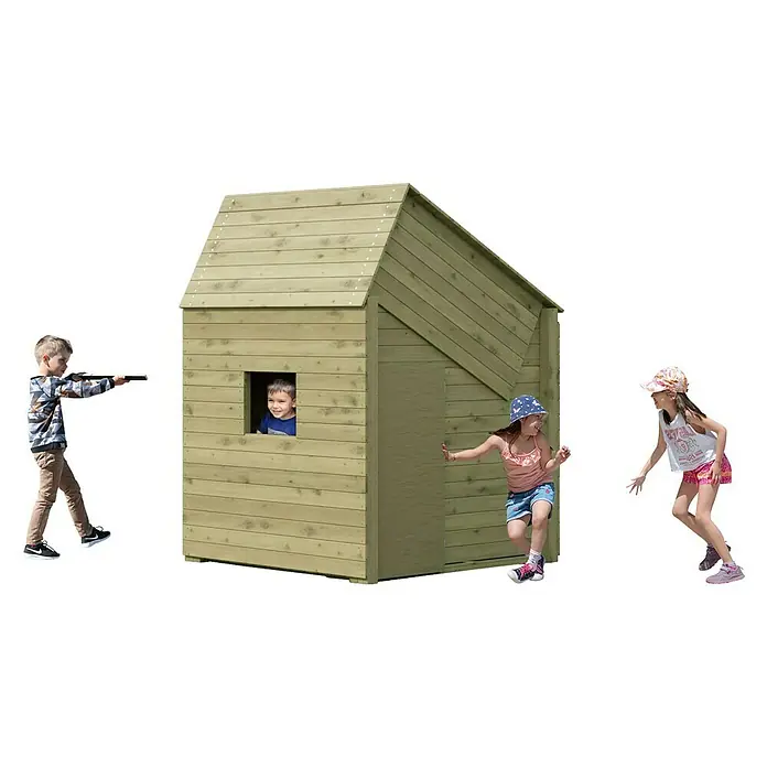 Funky Combo Kinderspielturm Homebase - L x B x H: 140 x 140 x 196,5 cm, Kesseldruckimprägniert - Holzhäuschen mit zwei Jungen beim "Schießspiel" und zwei Mädchen, die darum herumrennen.