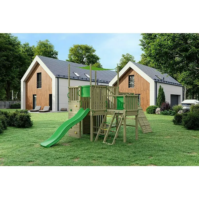 Funky Combo Kinderspielturm Space Rocker - L x B x H: 541 x 307,5 x 320 cm, Kesseldruckimprägniert - Außenaufnahme eines hölzernen Kinderspielplatzes mit Rutsche, Kletterwand und verschiedenen Aufstiegsmöglichkeiten in einem Garten.