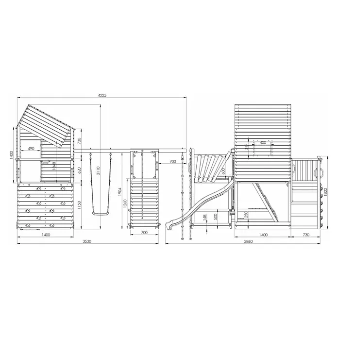 Funky Combo Kinderspielturm Smarthouse Monster - L x B x H: 422,5 x 386 x 311 cm, Kesseldruckimprägniert - Bauplan einer Holzspielanlage mit Spielhaus, Kletterwand, Schaukeln, Leiter und Rutsche.