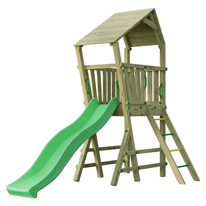 Funky Combo Kinderspielturm Flea - L x B x H: 285 x 151 x 276,5 cm, Kesseldruckimprägniert - Holzspielturm mit grüner Rutsche und Leiter für den Spielplatz im Freien.