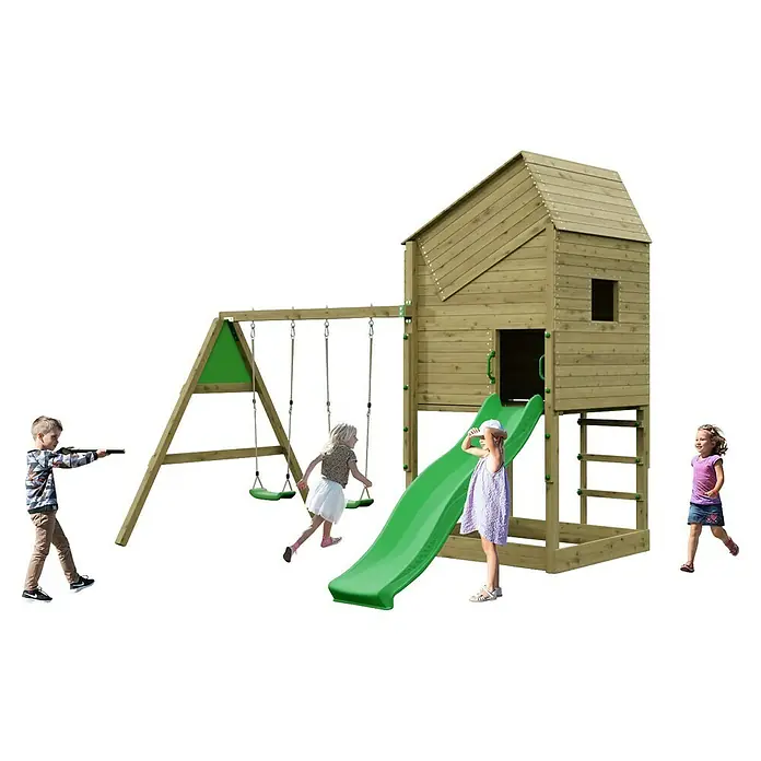 Funky Combo Kinderspielturm Lighthouse Swing - L x B x H: 353 x 313 x 311 cm, Kesseldruckimprägniert - Hölzerner Spielplatz mit grüner Rutsche, Schaukeln und Spielhaus. Mehrere Kinder spielen auf den Geräten.