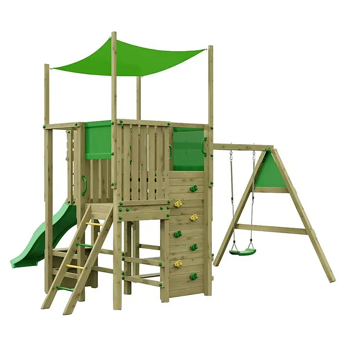 Funky Combo Kinderspielturm Multirex - L x B x H: 435 x 429 x 320 cm, Kesseldruckimprägniert - Kinderspielplatz aus Holz mit grüner Rutsche, Kletterwand, Schaukel und Sonnensegel.