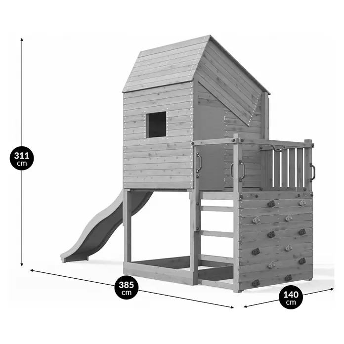 Funky Combo Kinderspielturm Smarthouse - L x B x H: 140 x 385 x 311 cm, Kesseldruckimprägniert - Hölzernes Spielset mit Haus, Rutsche und Kletterwand. Maße: 311cm H x 385cm L x 140cm B.