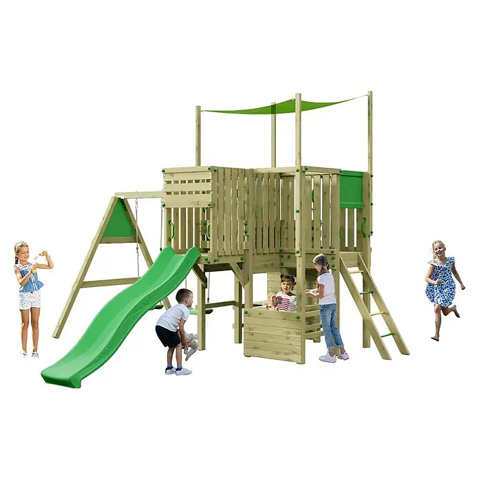 Funky Combo Kinderspielturm Multirex - L x B x H: 435 x 429 x 320 cm, Kesseldruckimprägniert - Hölzerner Spielturm mit grüner Rutsche und Sonnensegel, auf dem Kinder spielen.