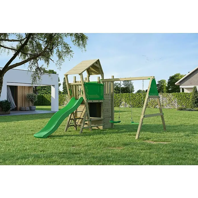 Funky Combo Kinderspielturm 5Star - L x B x H: 393,5 x 276,5 x 276,5 cm, Kesseldruckimprägniert - Spielturm aus Holz mit Rutsche und Schaukel für Kinder zum Spielen im Garten.