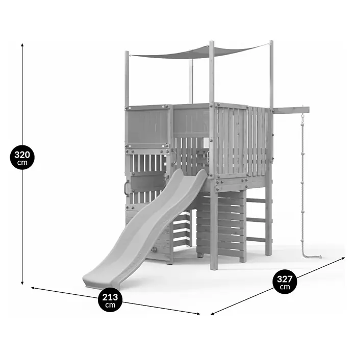 Funky Combo Kinderspielturm Labyrinth - L x B x H: 327 x 213 x 320 cm, Kesseldruckimprägniert - Großer Holzspielturm mit hellgrauer Rutsche und Kletterseil für den Außenbereich.