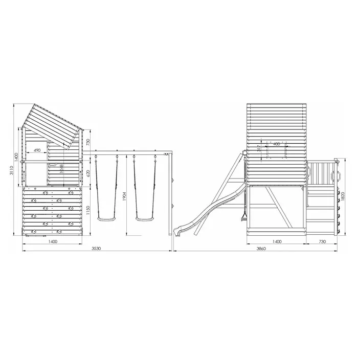 Funky Combo Kinderspielturm Smarthouse Swing - Kesseldruckimprägniert - Technische Zeichnung eines Holzspielplatzes mit Spielhaus, Rutsche, Kletterwand und Doppelschaukel mit Maßen.