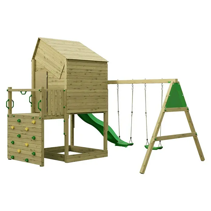 Funky Combo Kinderspielturm Smarthouse Swing - Kesseldruckimprägniert - Hölzernes Kinderspielhaus mit Turm, grüner Rutsche, Kletterwand und Doppelschaukel.