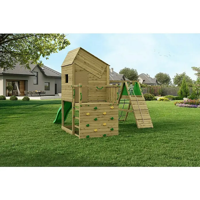 Funky Combo Kinderspielturm Smarthouse Rocket - L x B x H: 353 x 386 x 311 cm, Kesseldruckimprägniert - Ein hölzerner Spielturm mit Kletterwand, Rutsche und Leiter steht im Garten. Das Spielhaus bietet Kindern vielfältige Spielmöglichkeiten im Freien.