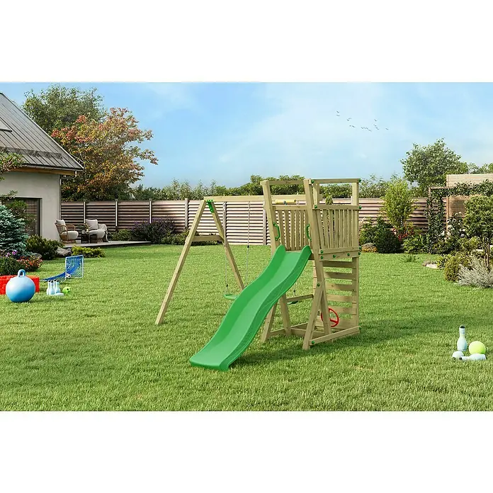 Funky Combo Kinderspielturm Snow - L x B x H: 410 x 282 x 220 cm, Kesseldruckimprägniert - Holzspielplatz mit Schaukel und Rutsche im Garten. Perfekt für Kinder zum Spielen und Spaß haben.