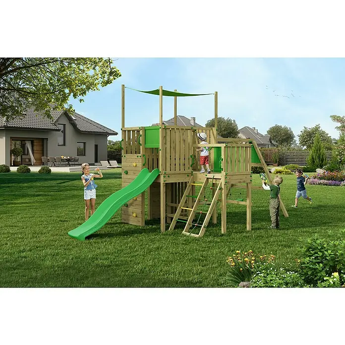 Funky Combo Kinderspielturm Challenge - Kesseldruckimprägniert - Kinder spielen auf einem hölzernen Spielturm mit Rutsche, Kletterwand und Seilleiter im Garten. Spaß für Kinder!