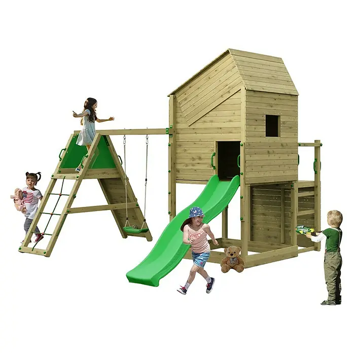 Funky Combo Kinderspielturm Smarthouse Rocket - L x B x H: 353 x 386 x 311 cm, Kesseldruckimprägniert - Holzspielplatz mit Klettergerüst, Rutsche, Schaukeln und Spielhaus, auf dem Kinder aktiv spielen.