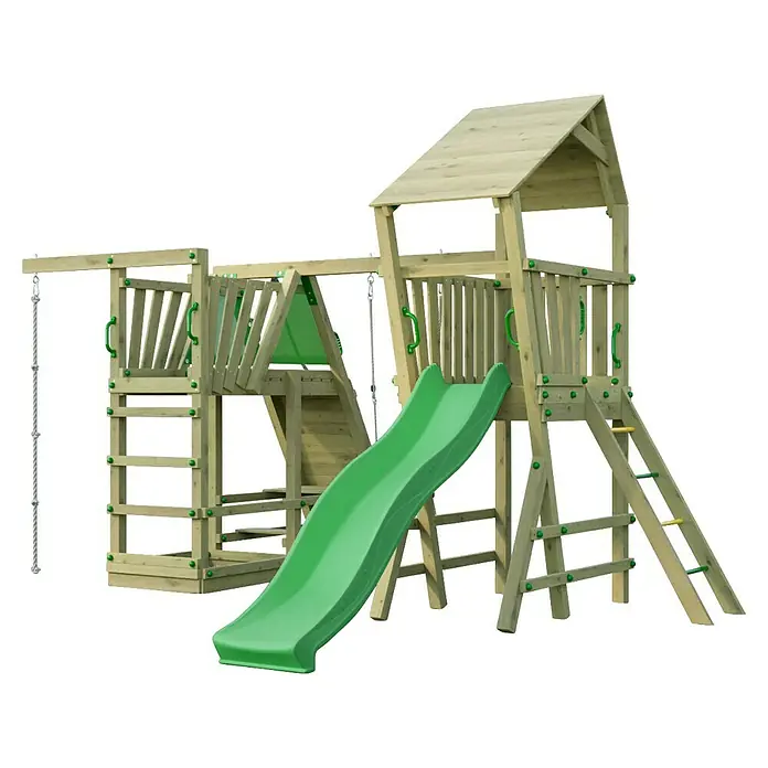Funky Combo Kinderspielturm Flea Monster - L x B x H: 410 x 433 x 276,5 cm, Kesseldruckimprägniert - Hölzerner Spielturm mit grüner Rutsche, Kletterleiter und Kletterseil. Mit Dach und Schaukelbereich.