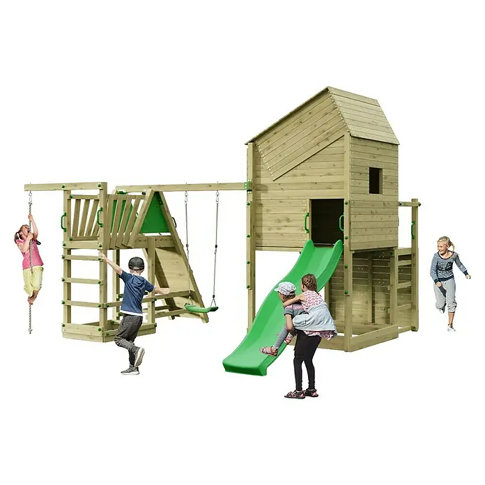Funky Combo Kinderspielturm Smarthouse Monster - L x B x H: 422,5 x 386 x 311 cm, Kesseldruckimprägniert - Holzspielplatz mit grüner Rutsche, Schaukeln und Kletterelementen, aktiv von Kindern genutzt.
