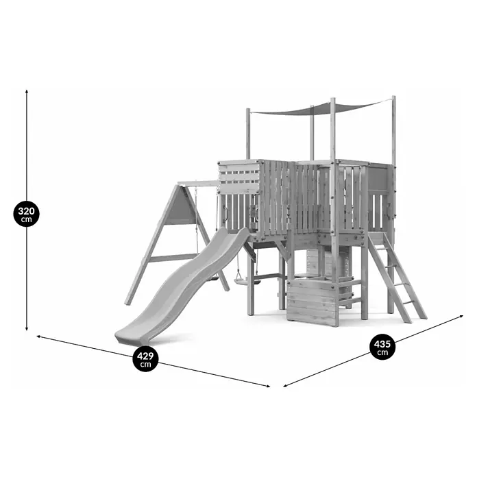 Funky Combo Kinderspielturm Multirex - L x B x H: 435 x 429 x 320 cm, Kesseldruckimprägniert - Hölzerner Spielturm mit Rutsche, Schaukeln und Klettergerüst, 320 cm hoch, 429 cm breit und 435 cm tief.