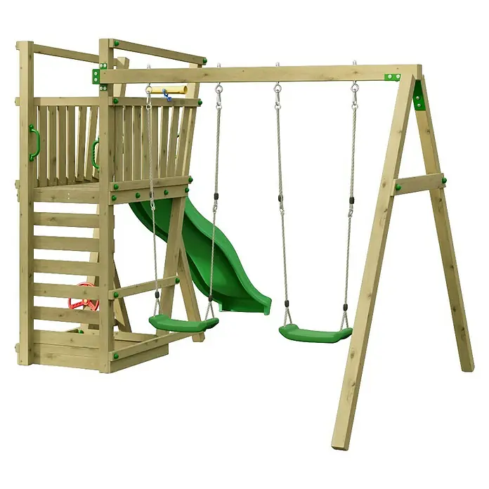 Funky Combo Kinderspielturm Snow - L x B x H: 410 x 282 x 220 cm, Kesseldruckimprägniert - Hölzernes Schaukelset mit grüner Rutsche und zwei grünen Schaukeln für den Spielplatz.