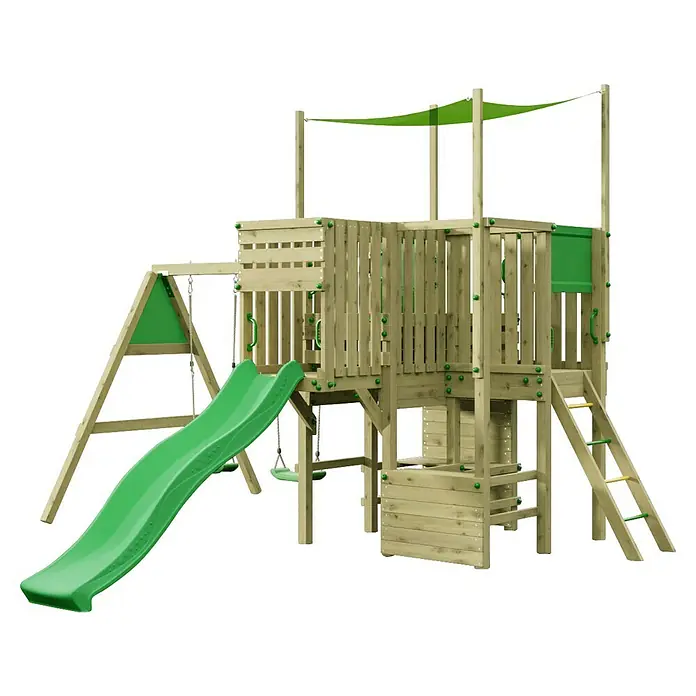 Funky Combo Kinderspielturm Multirex - L x B x H: 435 x 429 x 320 cm, Kesseldruckimprägniert - Hölzernes Spielgerüst mit grüner Rutsche, Sonnendach und Schaukelgestell, mit Kletterbereichen und mehreren Ebenen.