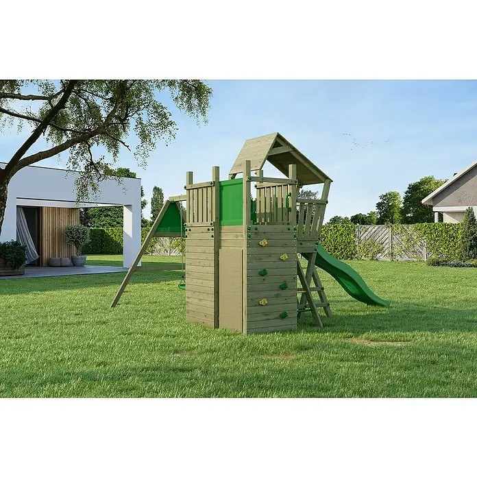 Funky Combo Kinderspielturm 5Star - L x B x H: 393,5 x 276,5 x 276,5 cm, Kesseldruckimprägniert - Ein hölzerner Spielturm mit Rutsche, Kletterwand und Schaukel, ideal für den Garten.
