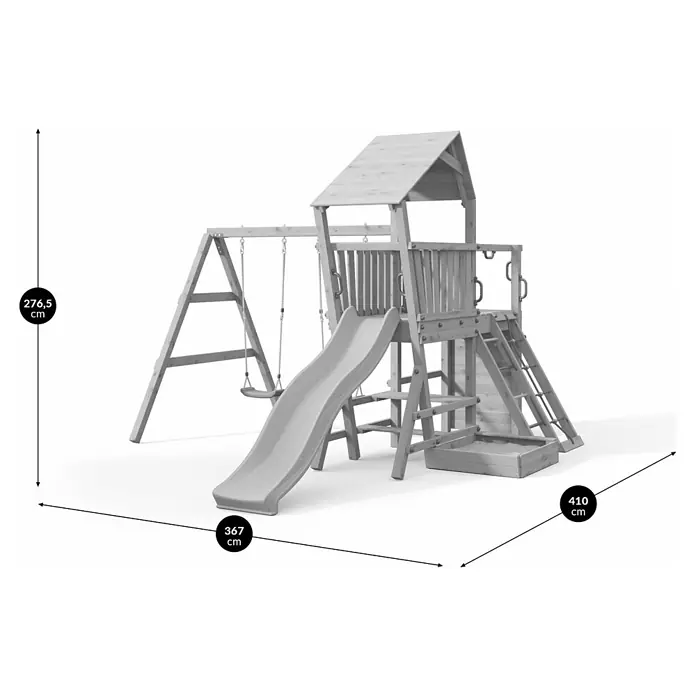 Funky Combo Kinderspielturm Camel - Kesseldruckimprägniert - Holzspielplatz mit Turm, Rutsche und zwei Schaukeln. Maße: 276,5 cm Höhe, 367 cm Breite, 410 cm Tiefe.