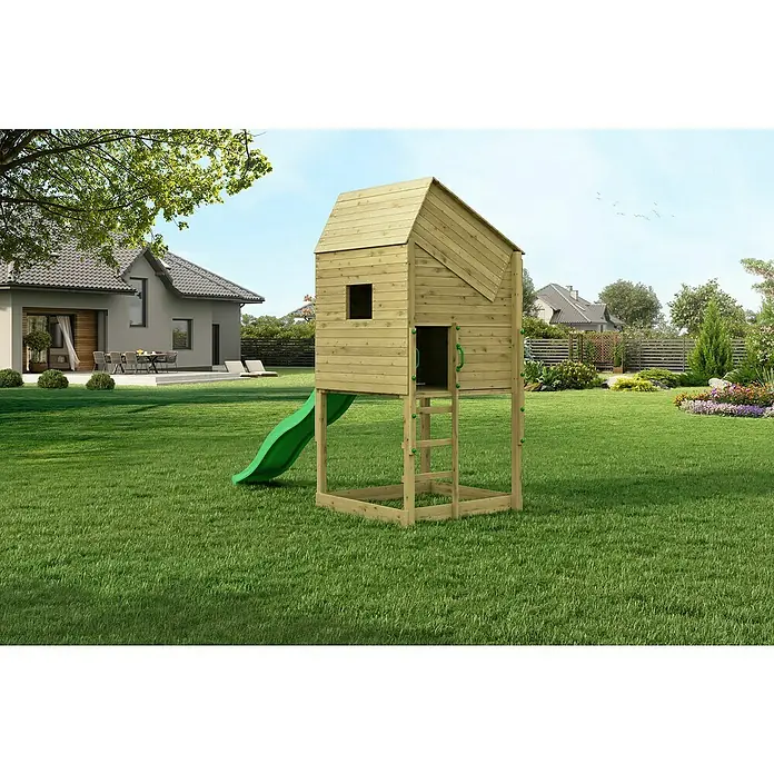 Funky Combo Kinderspielturm Lighthouse - L x B x H: 140 x 313 x 311 cm, Kesseldruckimprägniert - Das Bild zeigt ein hölzernes Spielhaus mit Rutsche und Leiter im Garten, ideal für Kinder zum Spielen und Entdecken im Freien.