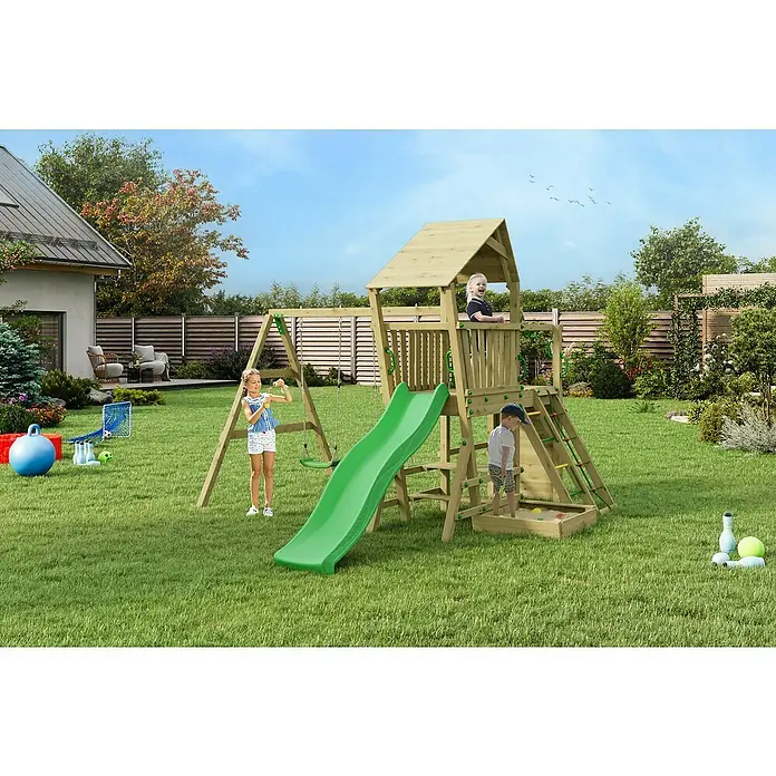 Funky Combo Kinderspielturm Camel - Kesseldruckimprägniert - Ein vielseitiger Holzspielplatz mit Schaukel, Rutsche, Kletterturm und Sandkasten für stundenlangen Spielspaß im Freien.