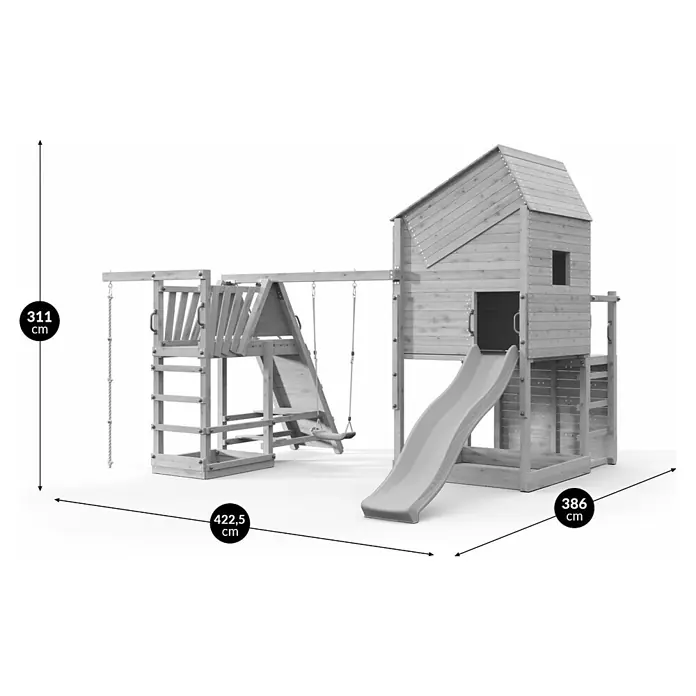 Funky Combo Kinderspielturm Smarthouse Monster - L x B x H: 422,5 x 386 x 311 cm, Kesseldruckimprägniert - Hölzernes Spielgerät mit Haus, Rutsche, zwei Schaukeln und Kletterelementen.