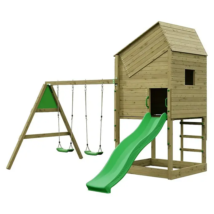 Funky Combo Kinderspielturm Lighthouse Swing - L x B x H: 353 x 313 x 311 cm, Kesseldruckimprägniert - Spielplatz aus Holz mit Spielhaus, grüner Rutsche und zwei grünen Schaukeln.