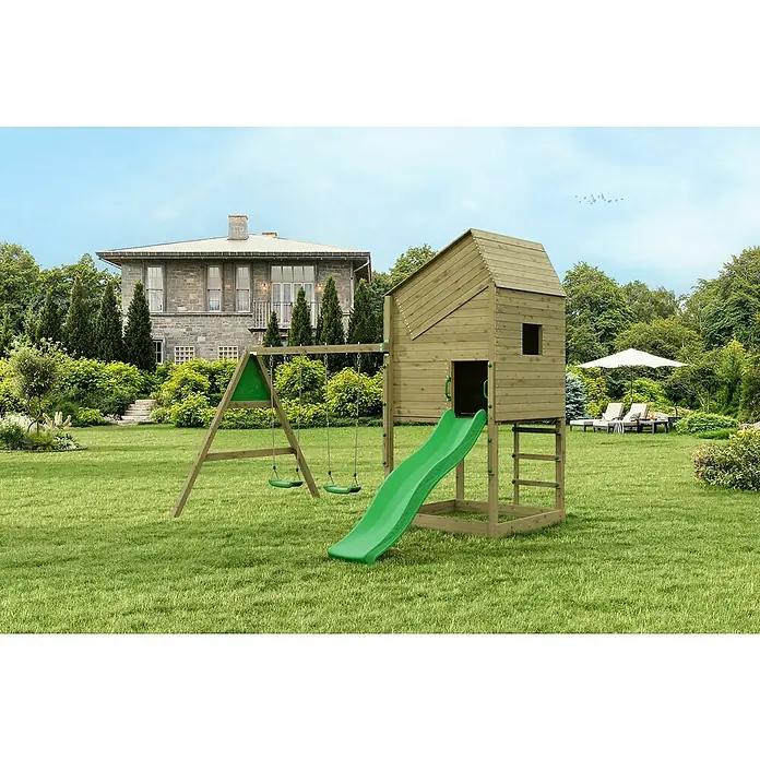 Funky Combo Kinderspielturm Lighthouse Swing - L x B x H: 353 x 313 x 311 cm, Kesseldruckimprägniert - Kinderspielplatz mit Schaukel und Rutsche im Garten. Der Spielplatz ist aus Holz gefertigt und bietet viel Spaß.