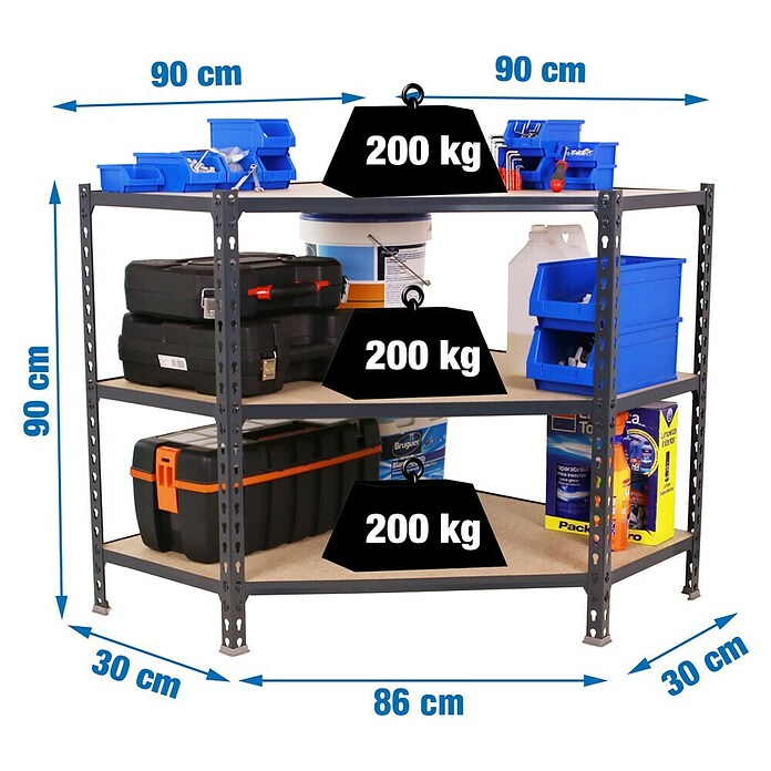 Simonrack Maderclick Estantería esquinera Corner (Al x An x Pr: 90 x 90 x 30 cm, Capacidad de carga por balda: 200 kg, Número de baldas: 3 ud., Inserción, Antracita) | BAUHAUS