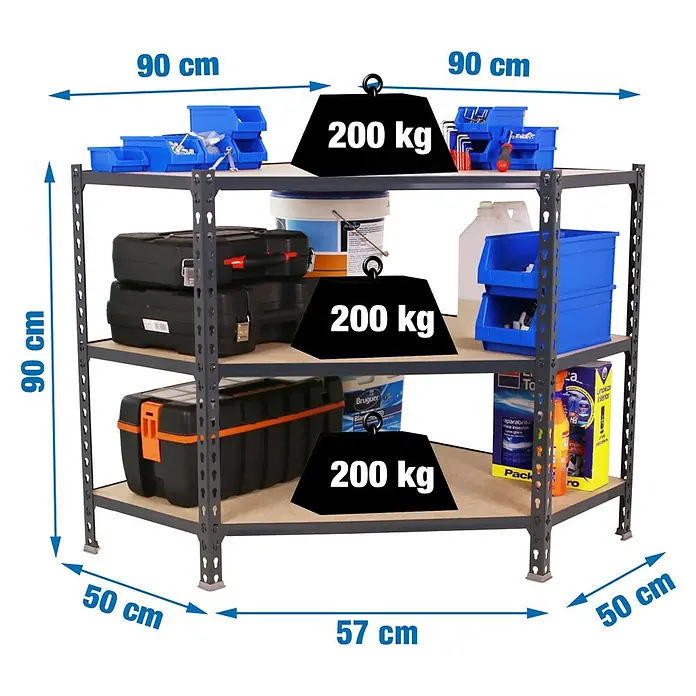 Simonrack Maderclick Estantería esquinera Corner - Al x An x Pr: 90 x 90 x 50 cm, Capacidad de carga por balda: 200 kg, Número de baldas: 3 ud., Inserción, Antracita - Estantería esquinera metálica gris oscuro de tres niveles, cada uno soporta 200 kg, mostrada con herramientas y recipientes.