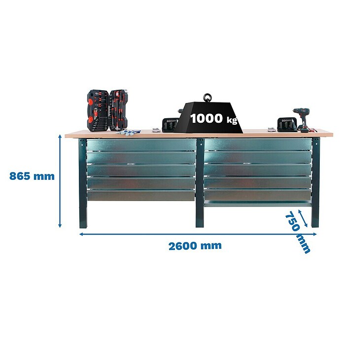 Simonrack Simonwork Banco de trabajo BT6L PRO Box Tandem Laminate (L x An: 75 x 260 cm, Altura de trabajo: 86,5 cm, Carga soportada: 1.000 kg, Antracita/Haya) | BAUHAUS