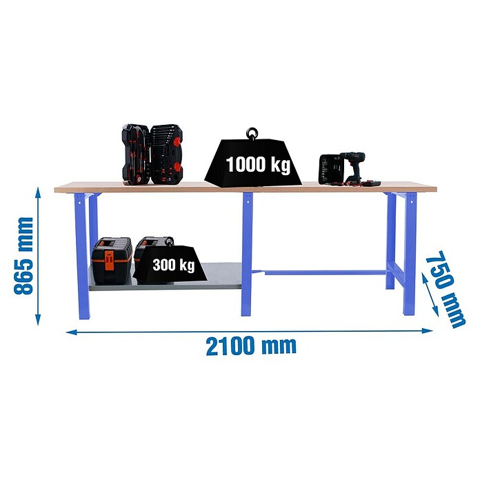 Simonrack Simonwork Banco de trabajo BT6 Tandem (L x An: 210 x 75 cm, Altura de trabajo: 86,5 cm, Azul/Haya) | BAUHAUS