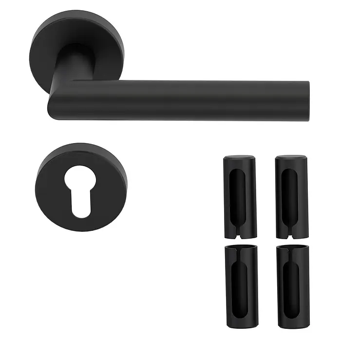 Diamond Doors Zimmertürgarnitur Black Panther L-Form Premium PVD - Stärke Tür: 38 mm - 45 mm, Profilzylinder, Edelstahl, L-Form - Schwarze Türgarnitur mit rundem Griff, Schlüsselloch und vier Schlüsselrosetten für ein modernes Interieur.