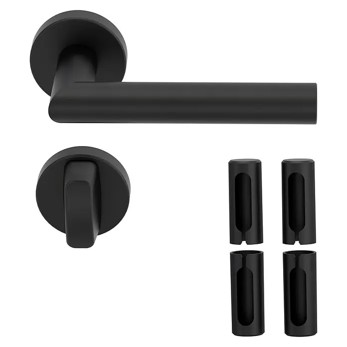 Diamond Doors Zimmertürgarnitur Black Panther L-Form Premium PVD WC - Stärke Tür: 38 mm - 45 mm, Schlitzkopf/Olive, Edelstahl, L-Form - Schwarze Türgriffe und Schlüsselrosetten-Set für moderne Türen, die Stil und Funktionalität vereinen.