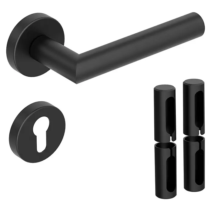 Diamond Doors Zimmertürgarnitur Black Panther L-Form Premium PVD - Stärke Tür: 38 mm - 45 mm, Profilzylinder, Edelstahl, L-Form - Schwarz lackierter Türgriff-Garnitur mit Rosette und Zubehör. Elegantes und modernes Design für stilvolle Innentüren.