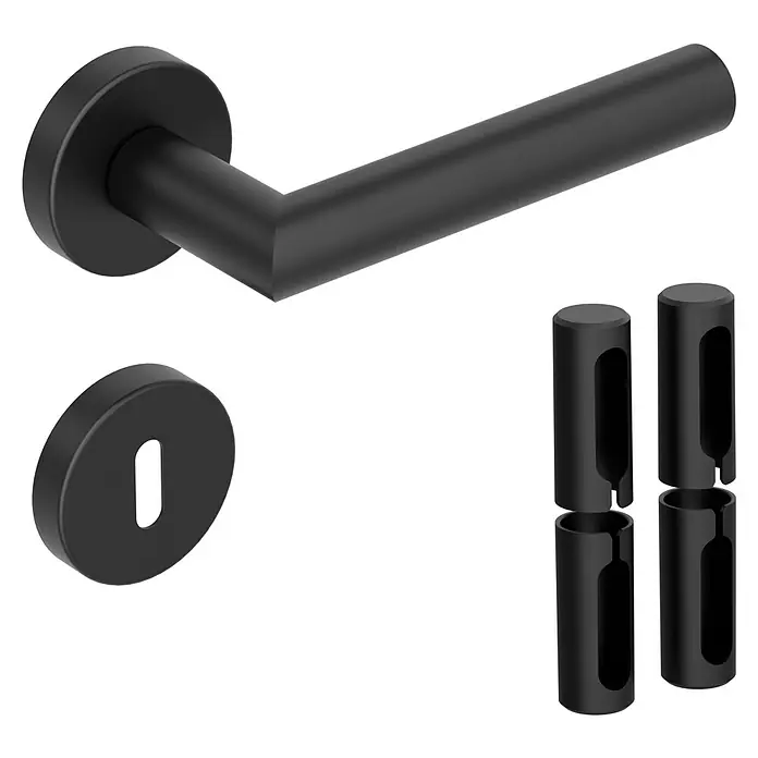 Diamond Doors Zimmertürgarnitur Black Panther L-Form Premium PVD - Stärke Tür: 38 mm - 45 mm, Buntbart, Edelstahl, L-Form - Schwarze Türgarnitur mit Hebel, Rosette und Zubehör für die Montage. Elegantes Design für moderne Inneneinrichtungen.