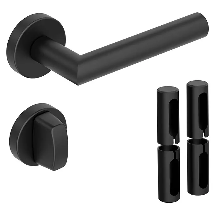 Diamond Doors Zimmertürgarnitur Black Panther L-Form Premium PVD WC - Stärke Tür: 38 mm - 45 mm, Schlitzkopf/Olive, Edelstahl, L-Form - Abbildung eines schwarzen Türdrückersets mit Rosette und Zubehör, ideal für moderne Inneneinrichtungen.